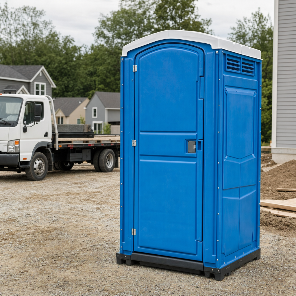 Delivery driver positioning a clean royal-blue portable toilet on level ground at a Naples worksite