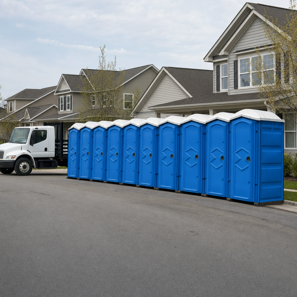Royal blue portable toilets staged in a tidy row at a Naples jobsite, ready for delivery